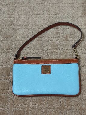 Dooney & Bourke Light Baby Blue Leather Wristlet with Brown Trim